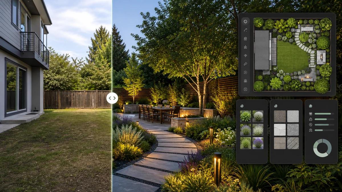 AI landscape design tools cover showing a yard transformed into an outdoor design plan