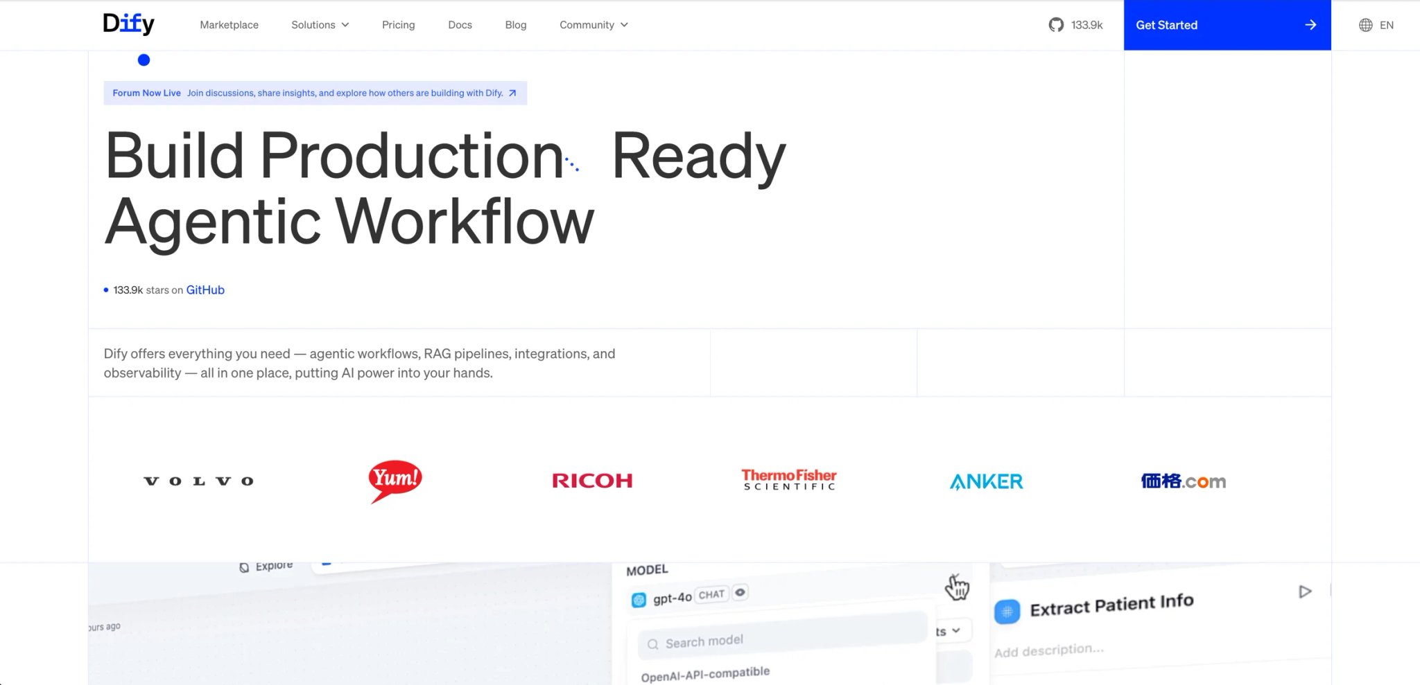Dify interface showing visual LLM workflow builder and RAG pipeline