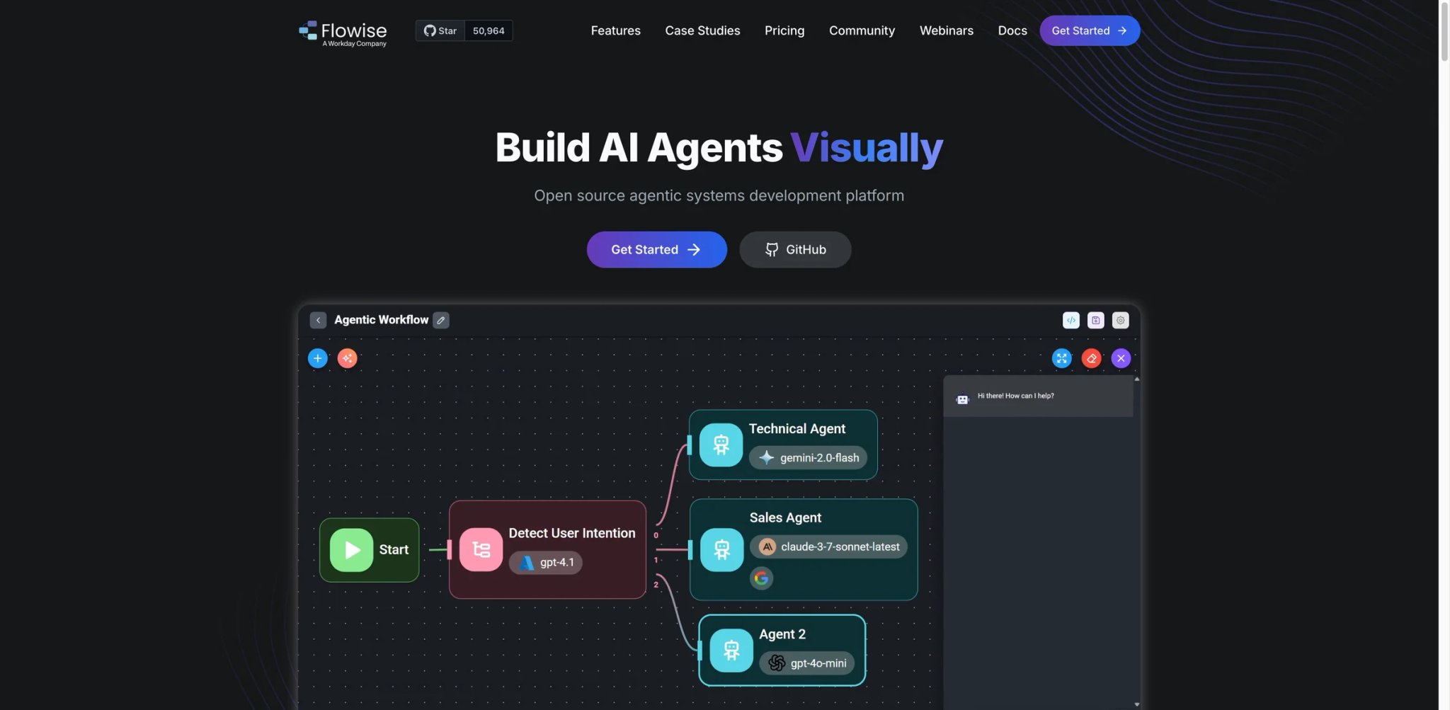 Flowise visual LangChain drag-and-drop agent builder interface with RAG and tool-use nodes