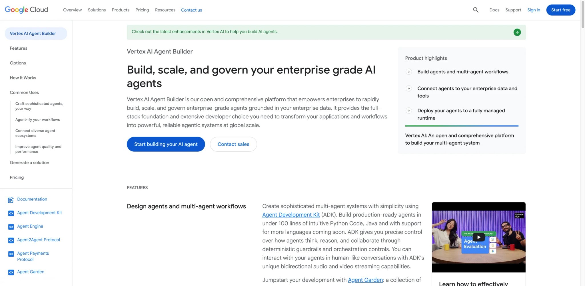 Google Vertex AI Agent Builder interface showing Agent Designer and ADK workflow