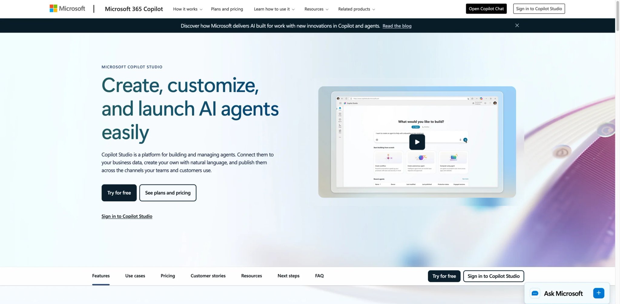 Microsoft Copilot Studio interface showing agent designer and connector library