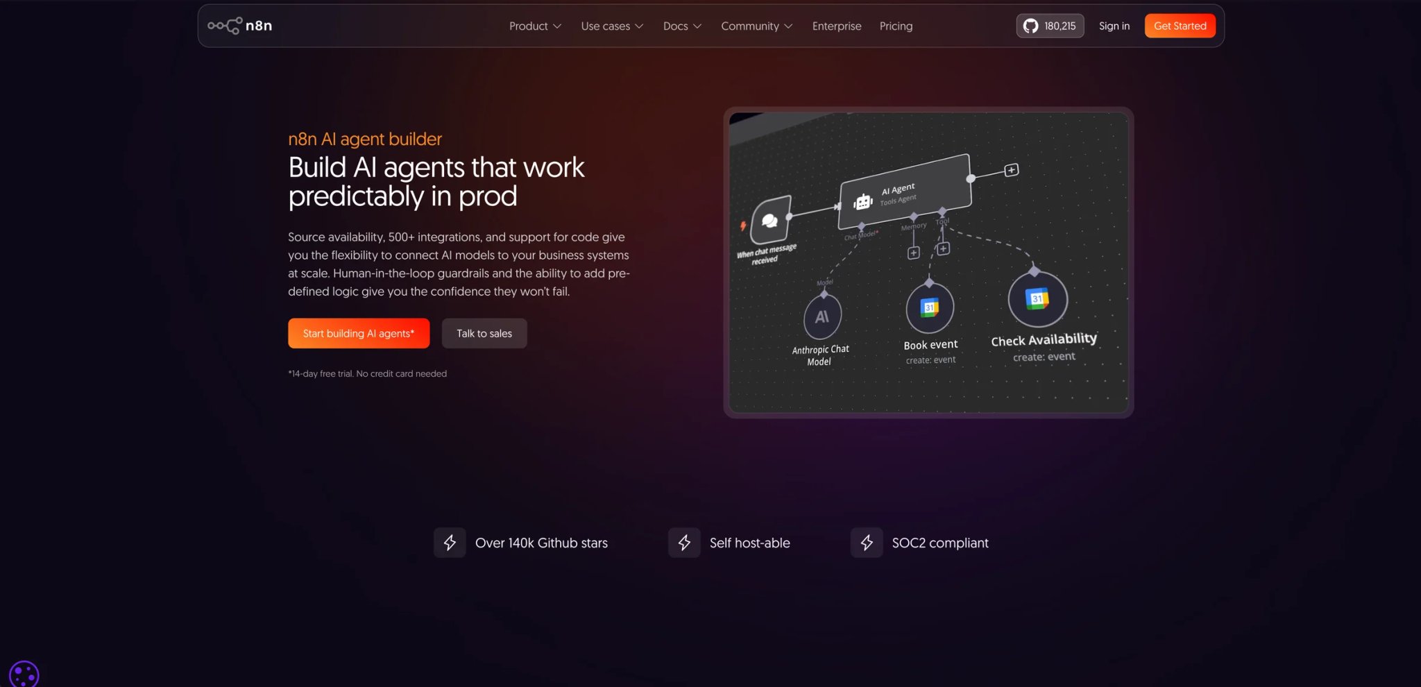 n8n interface showing AI agent canvas with LangChain nodes and workflow builder