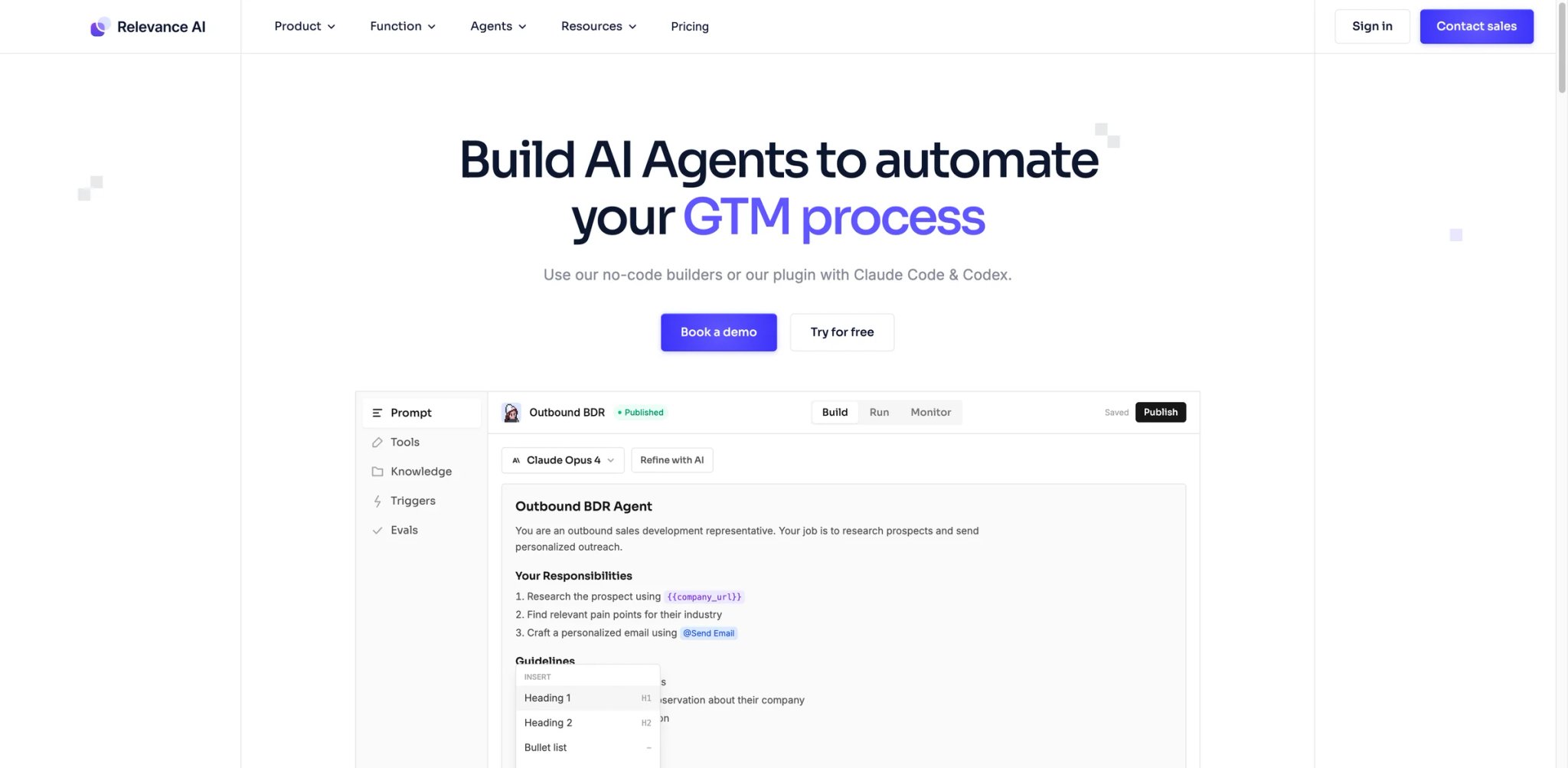 Relevance AI interface showing agent marketplace and plain-English agent creation