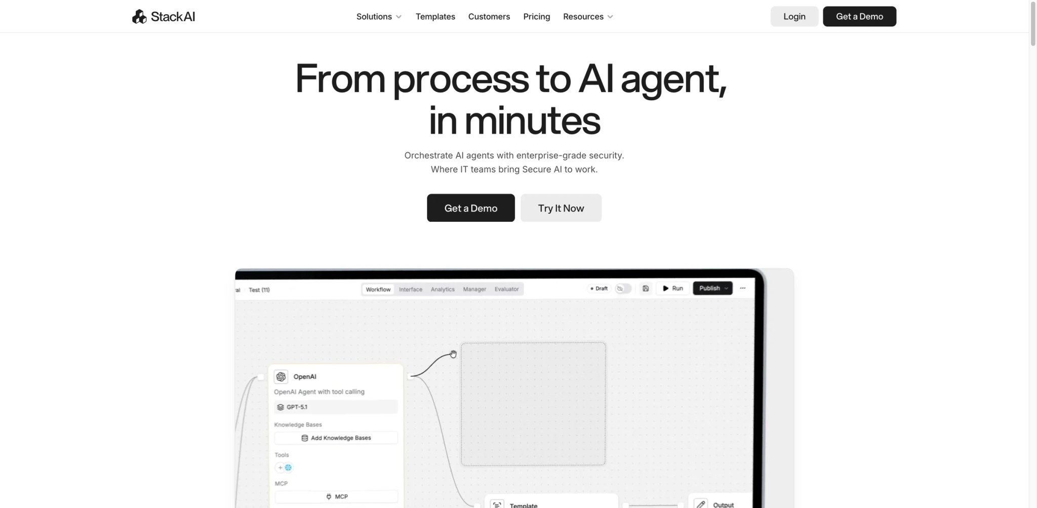 Stack AI interface showing no-code agent builder with on-prem and VPC deployment options