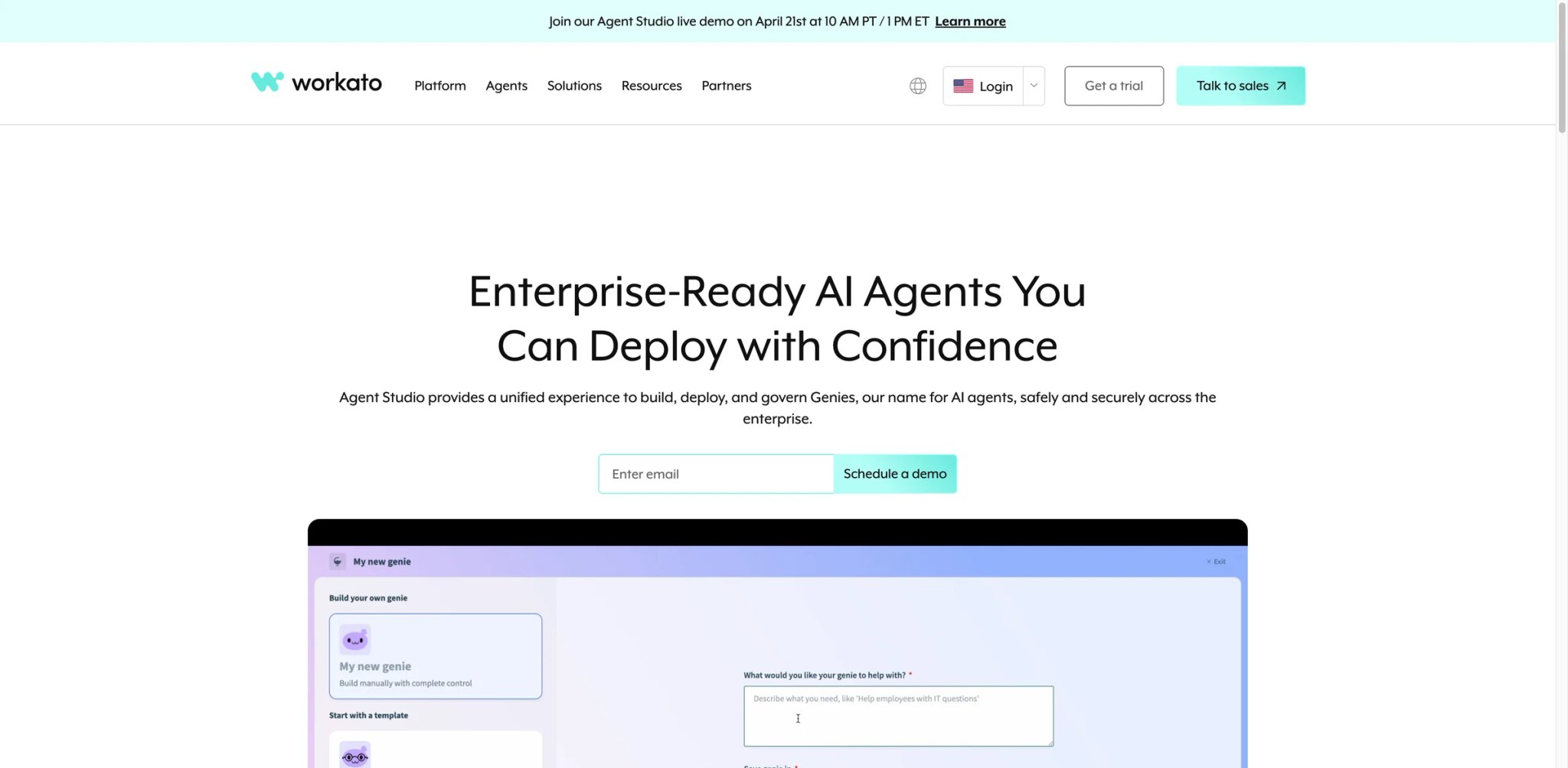 Workato Agent Studio showing AI Genies enterprise agent builder with business approval workflows