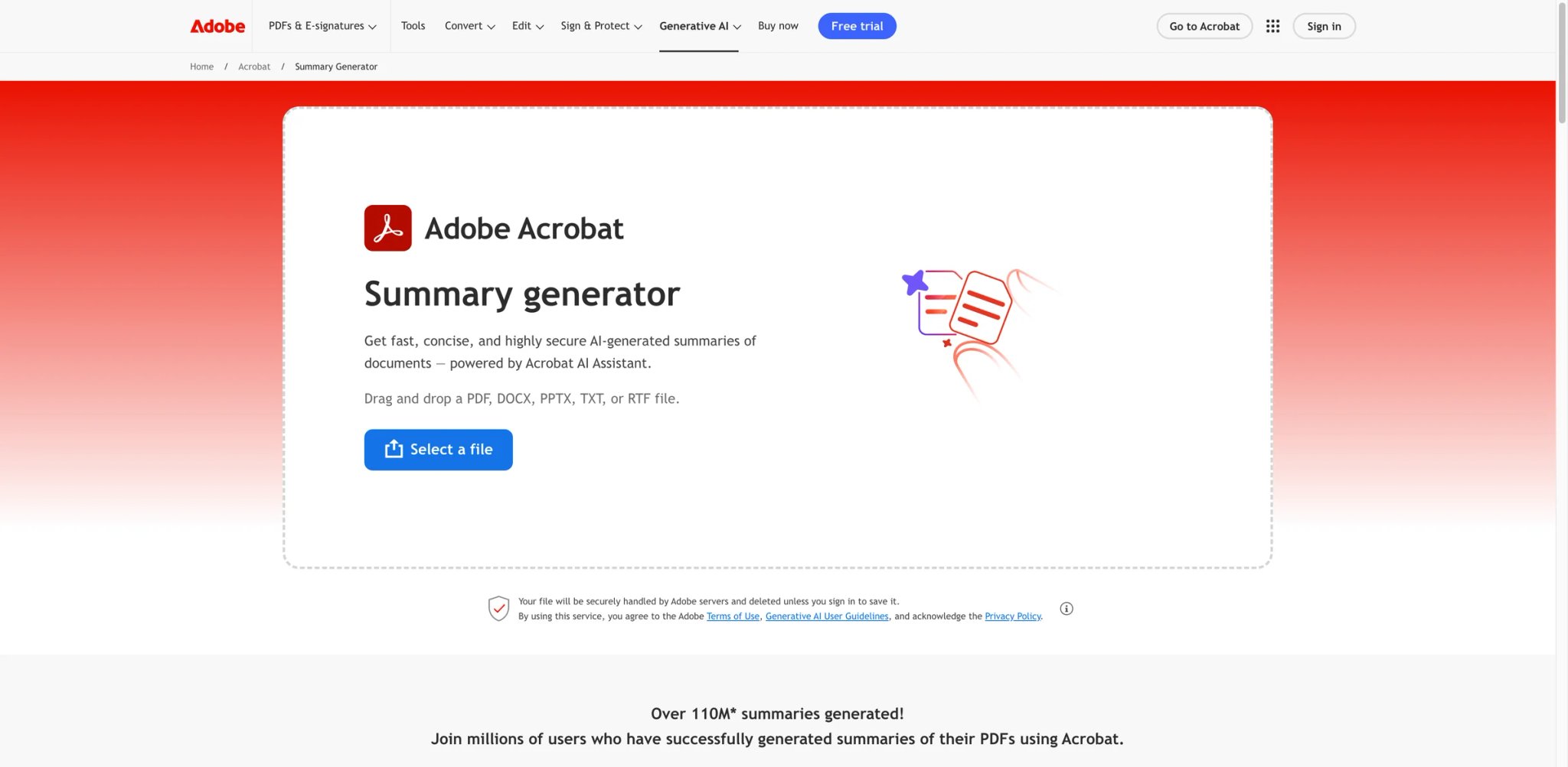 Adobe Acrobat AI Assistant interface showing PDF summarization inside Acrobat