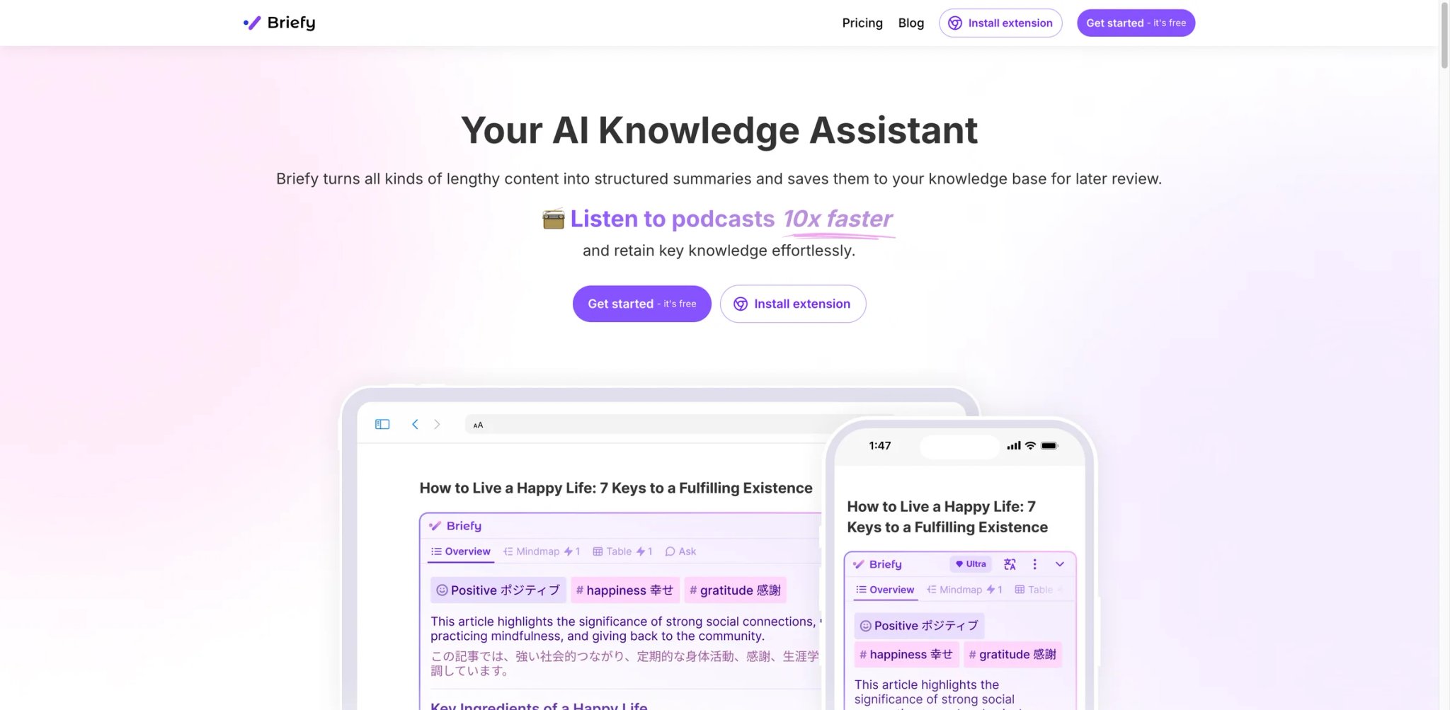Briefy interface showing multiple AI summary views in one output