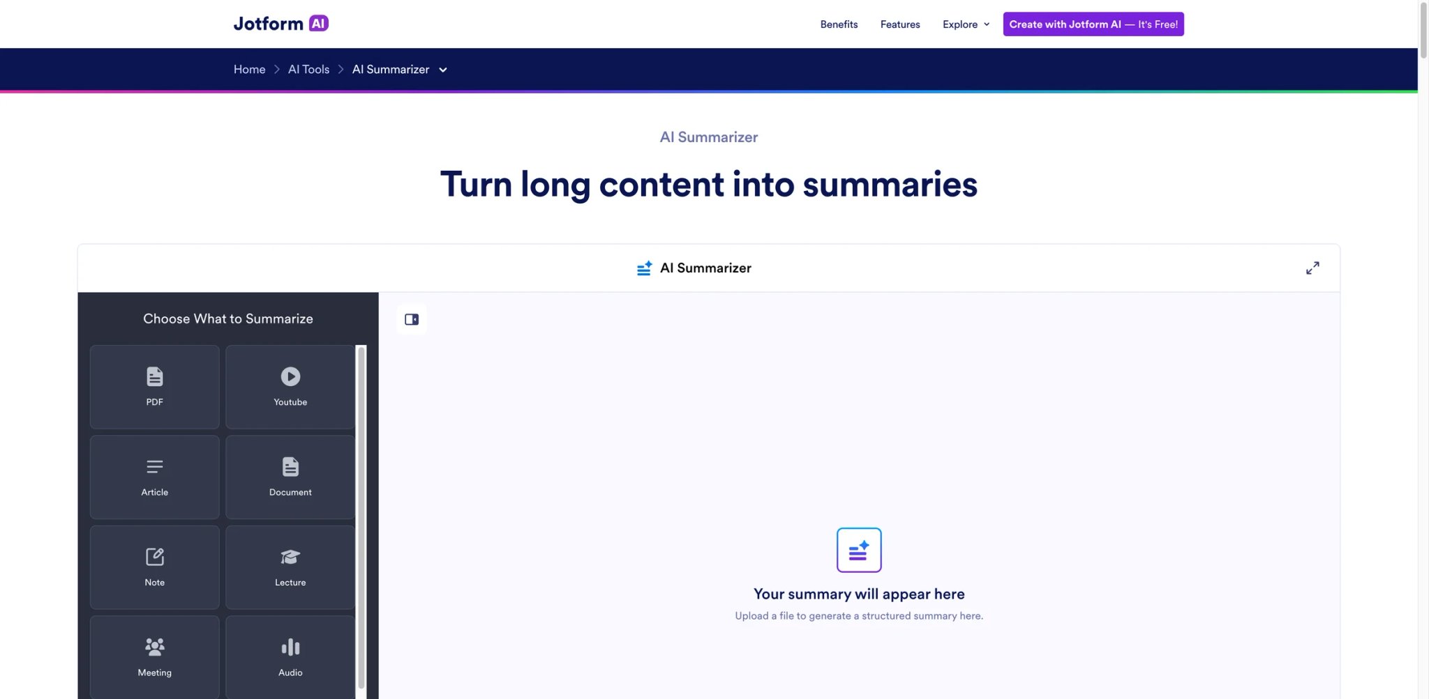 Jotform AI Summarizer interface showing lightweight URL and file summarization