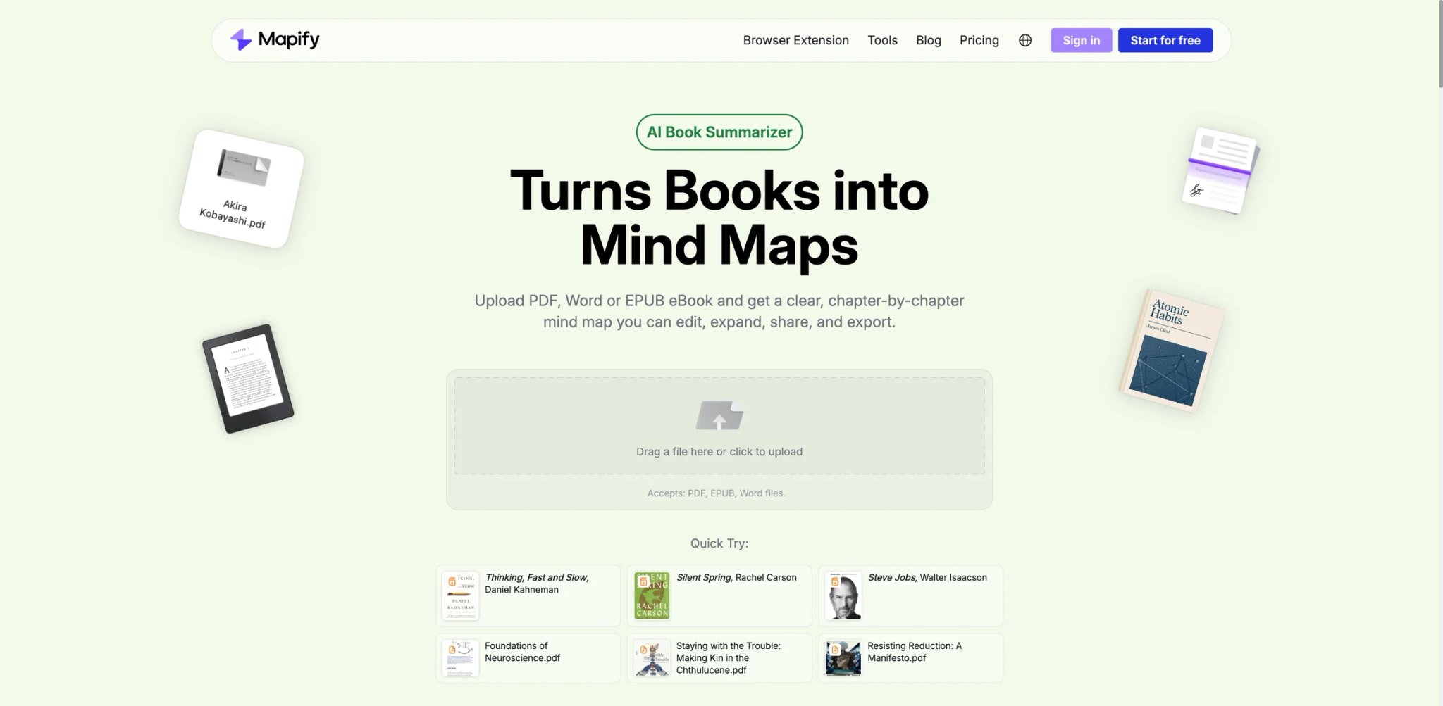 Mapify interface showing AI-generated mind maps from articles