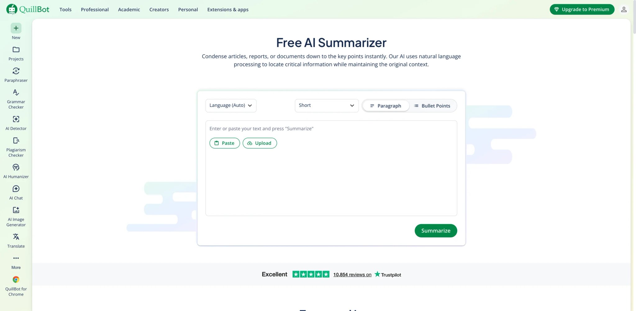 QuillBot Summarizer interface showing mature text summary UX