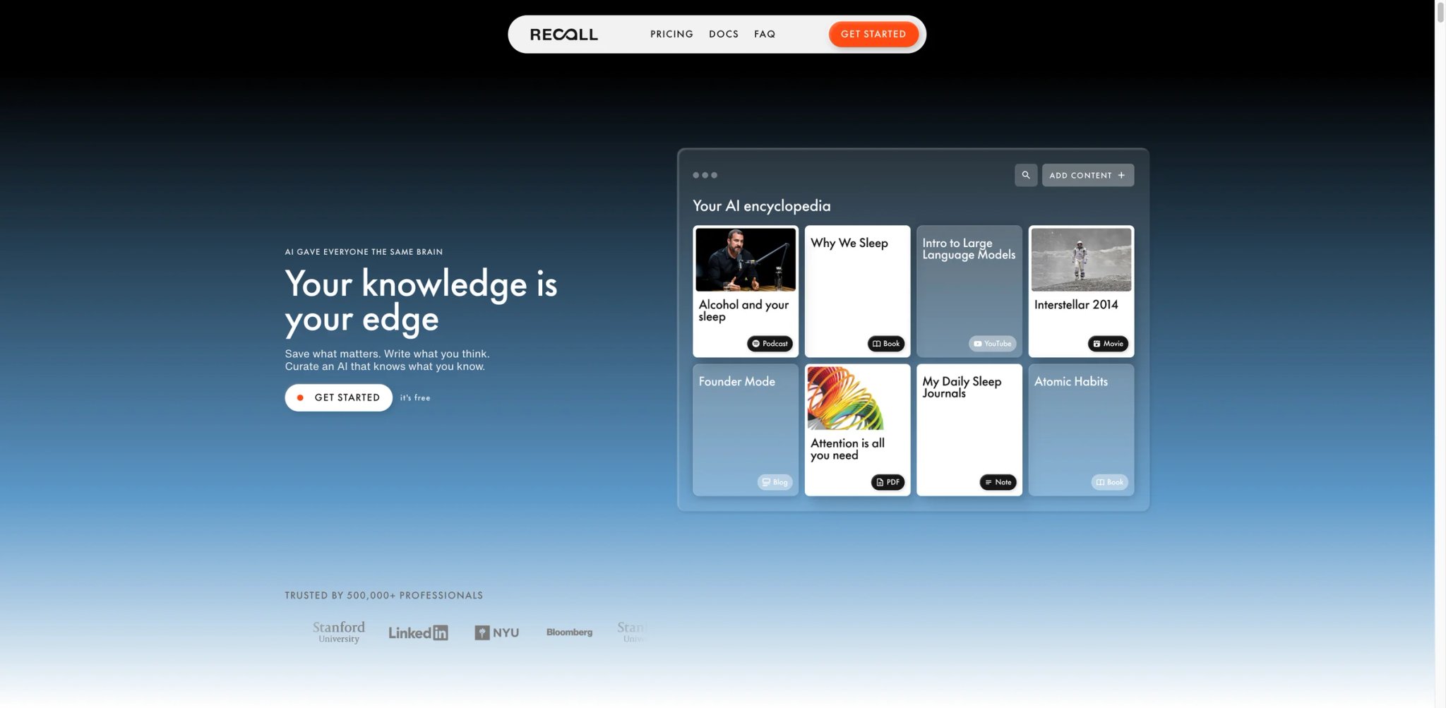 Recall interface showing knowledge-base AI summarization