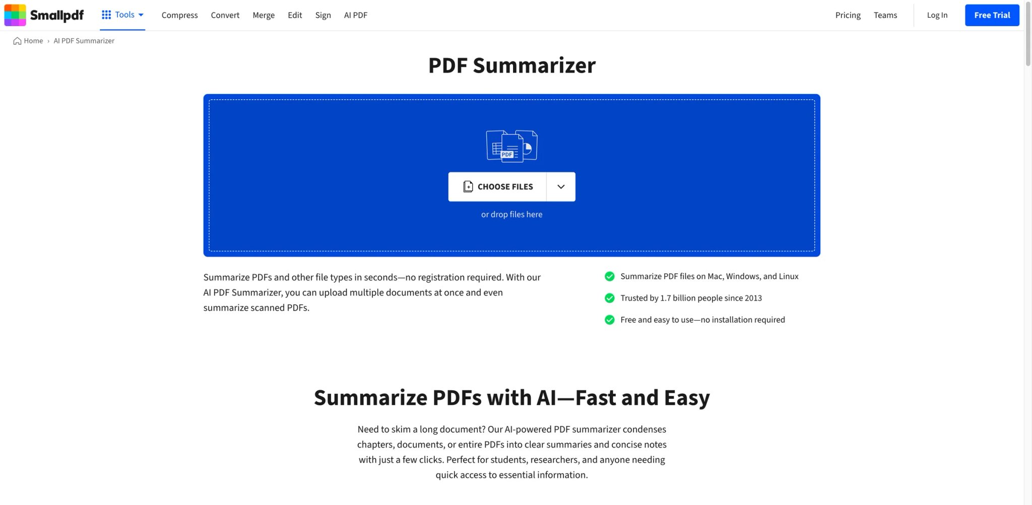 Smallpdf AI PDF Summarizer interface showing PDF-focused summarization