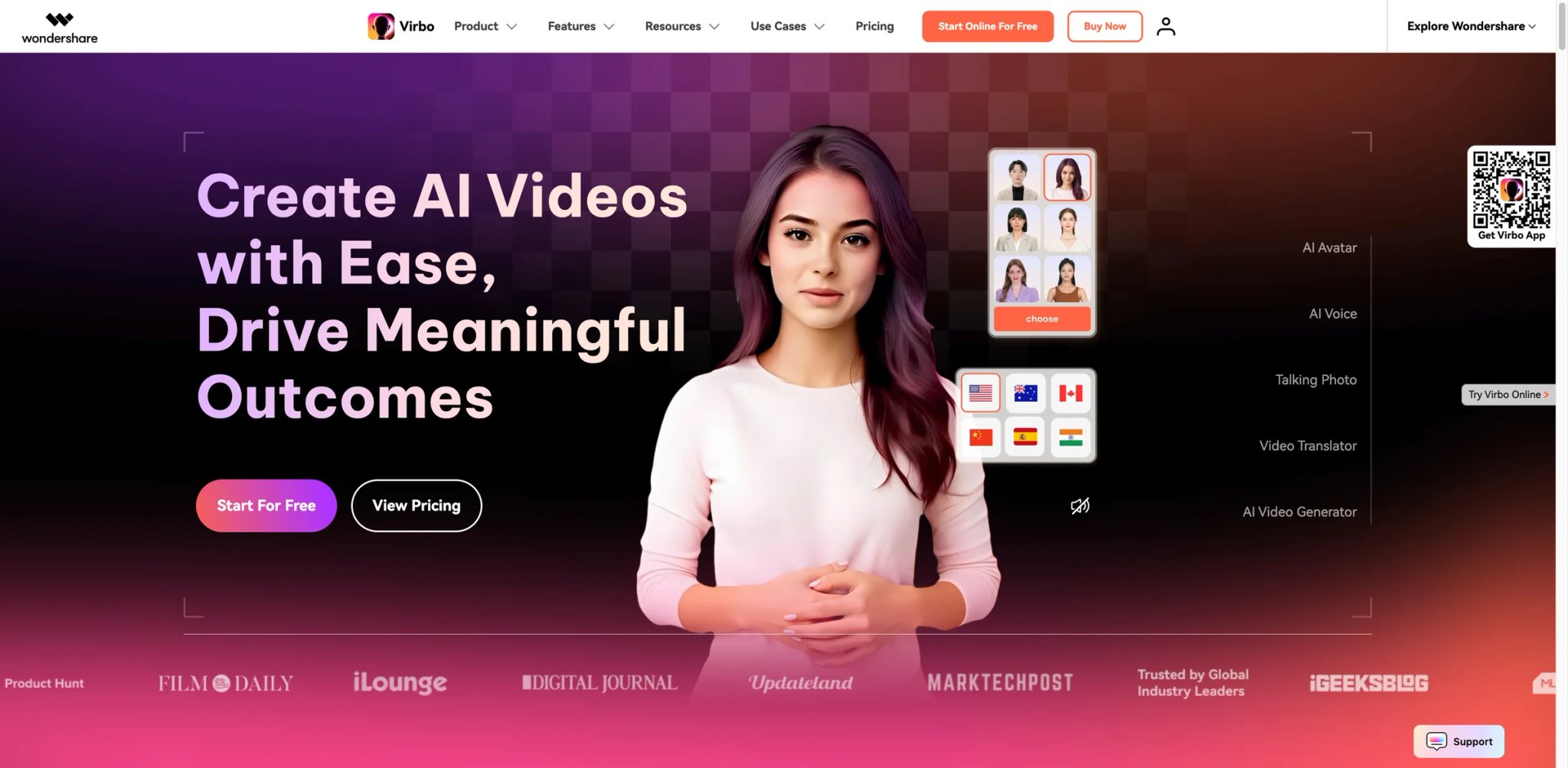 Wondershare Virbo interface showing cross-platform dashboard