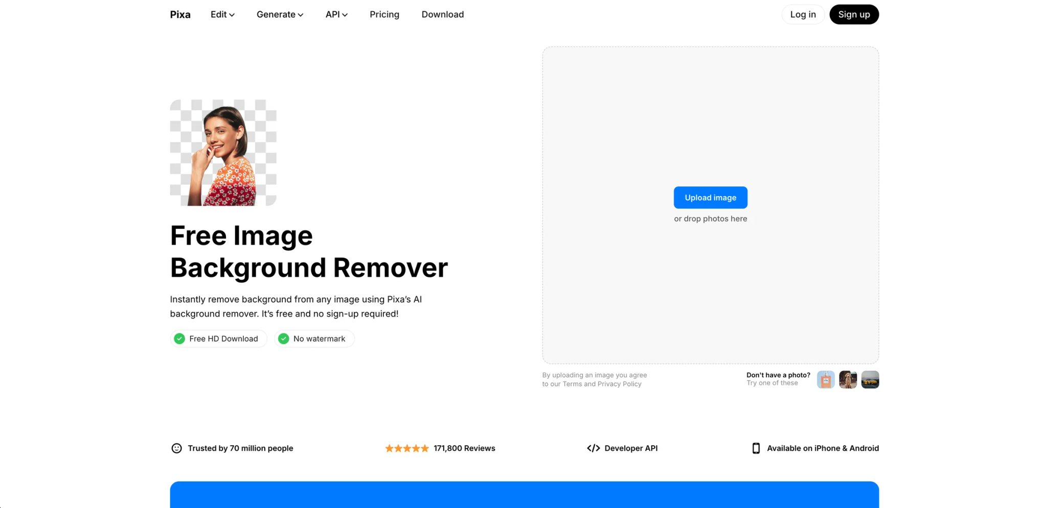 Pixelcut interface showing mobile AI background remover and product photo editor