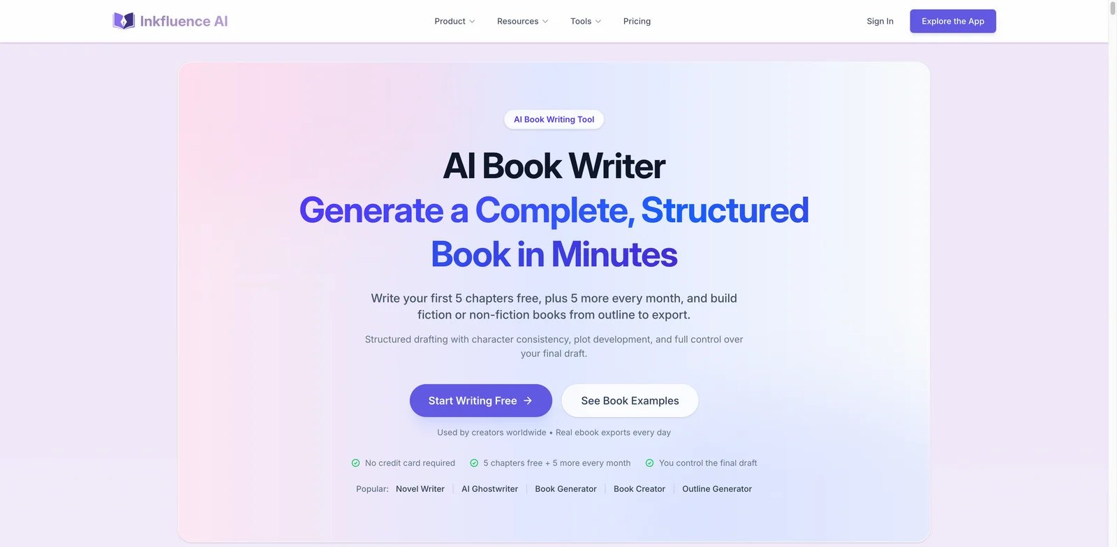 Inkfluence AI interface showing prompt-to-book ebook generation workflow
