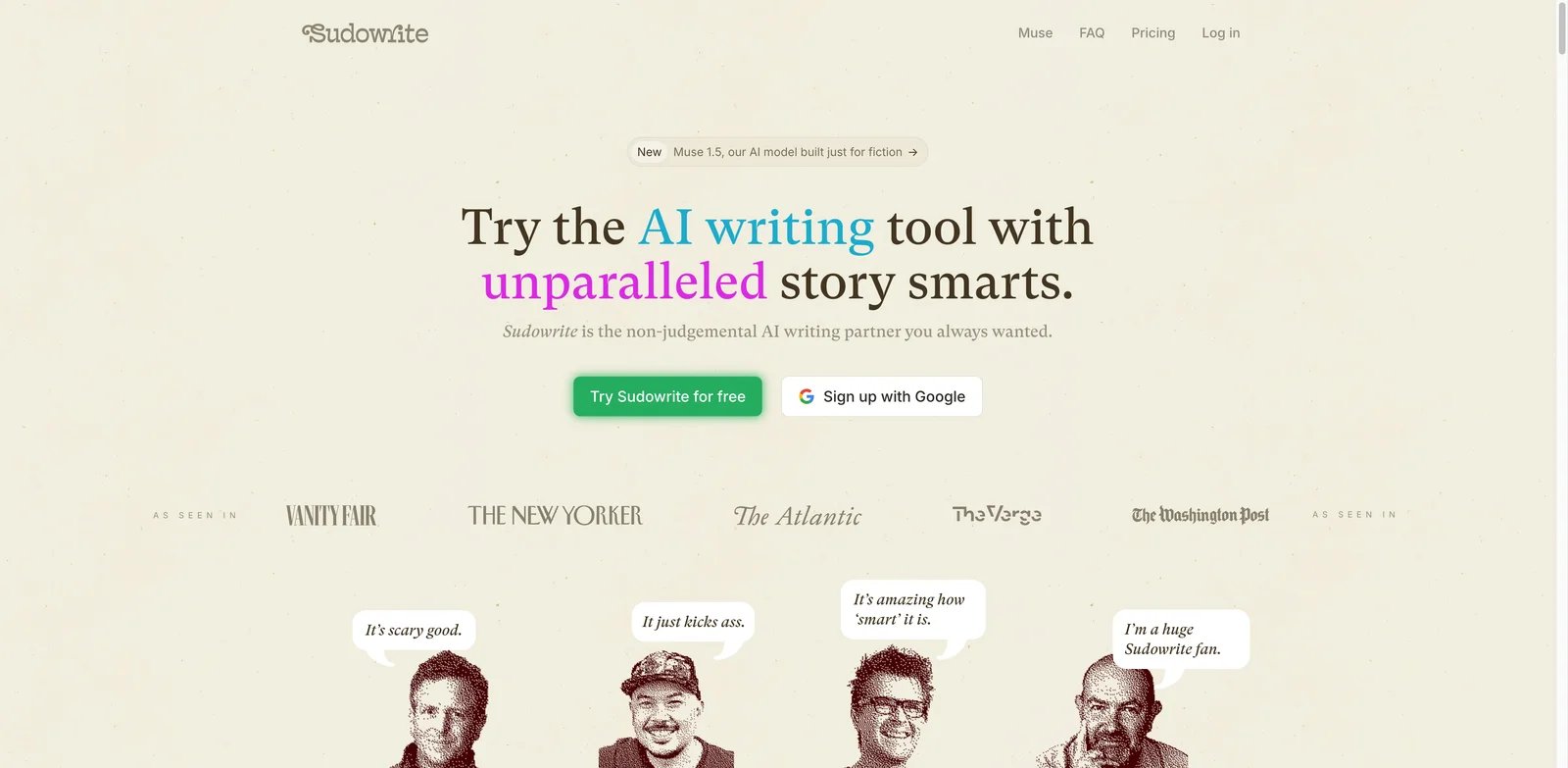Sudowrite interface showing fiction brainstorming and scene revision tools