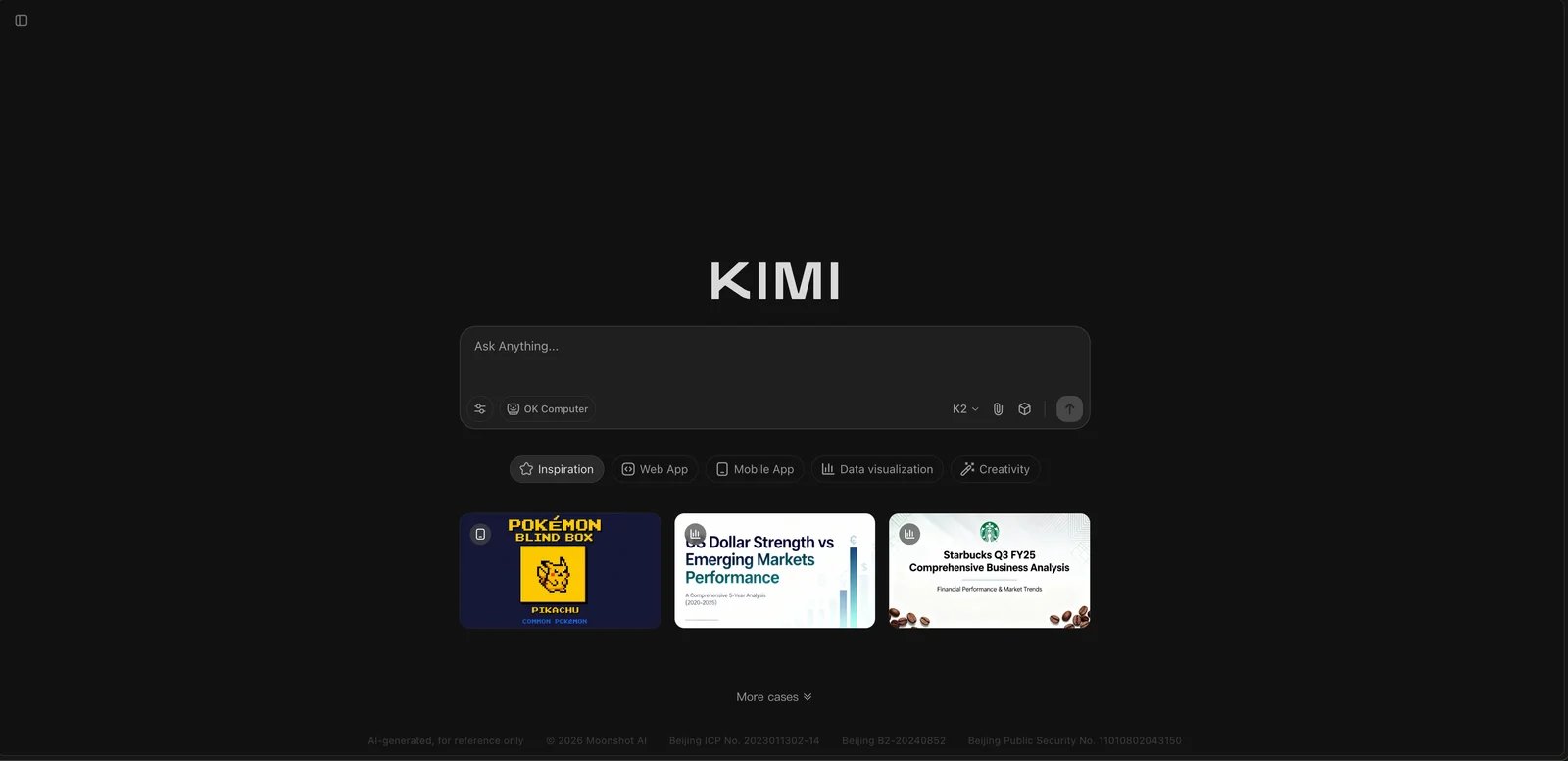 Kimi interface showing web-based chat and research capabilities