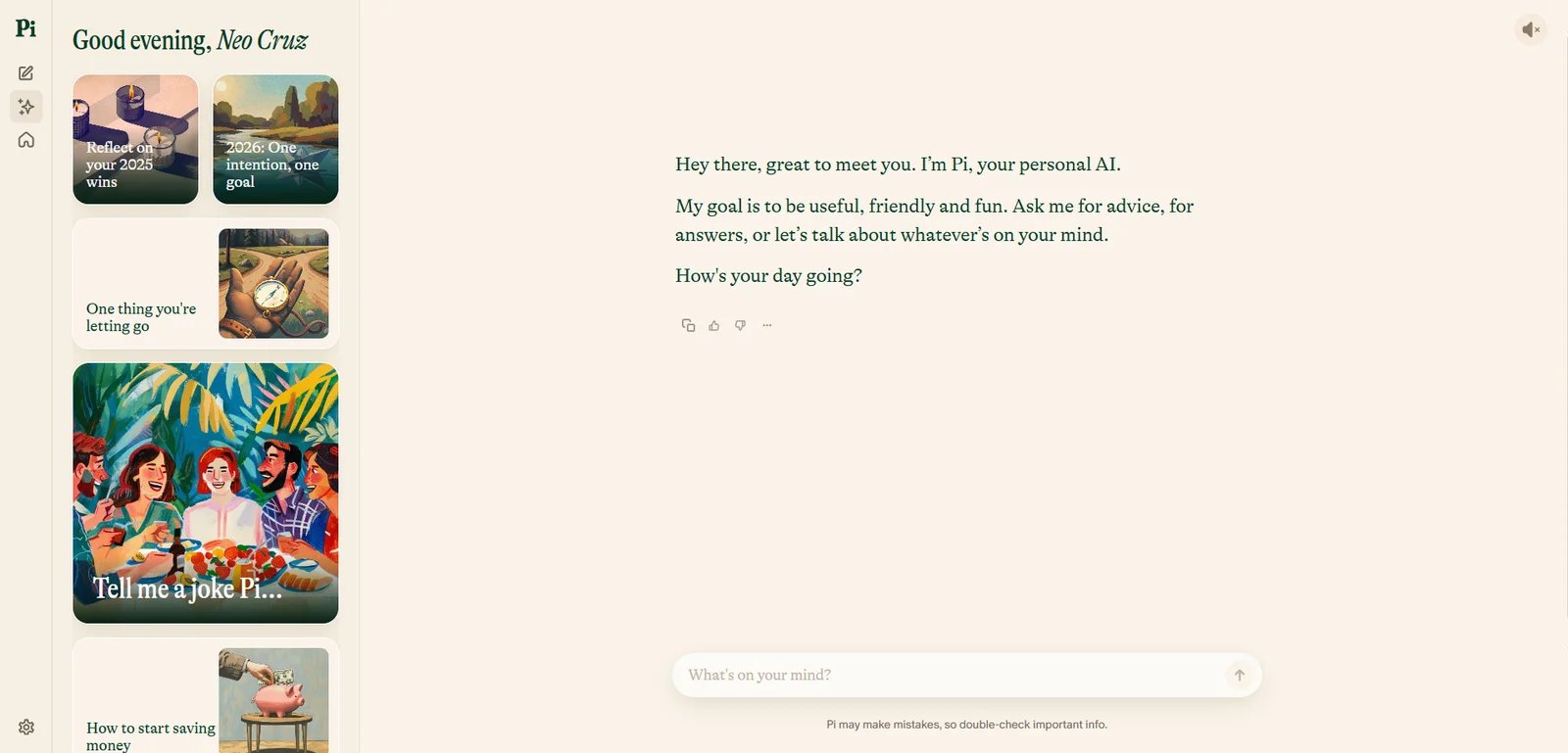 Pi interface showing personal AI companion conversation
