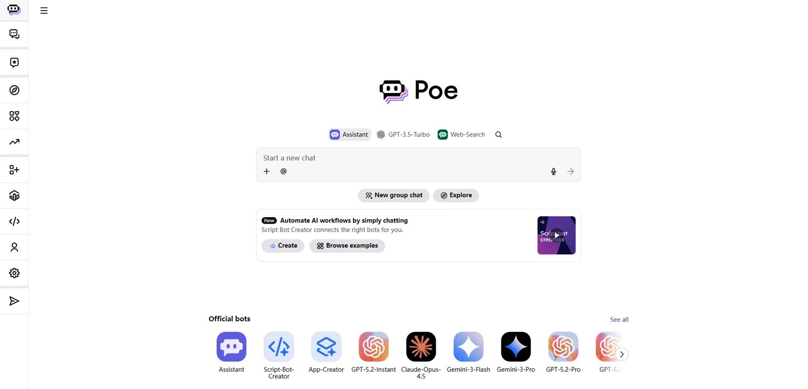 Poe interface showing multi-bot access and bot creation platform