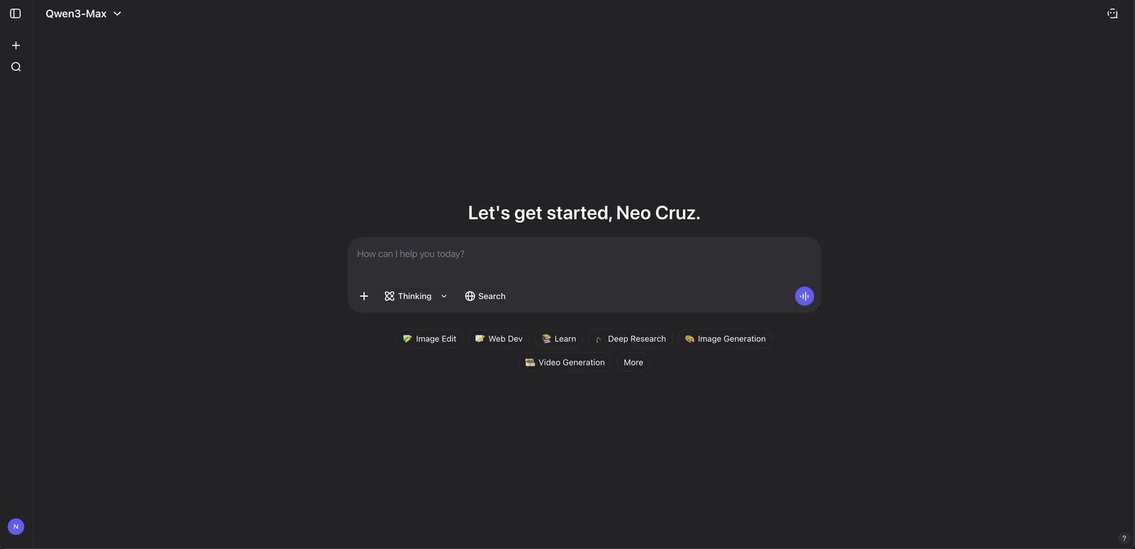 Qwen interface showing web-based AI assistant experience