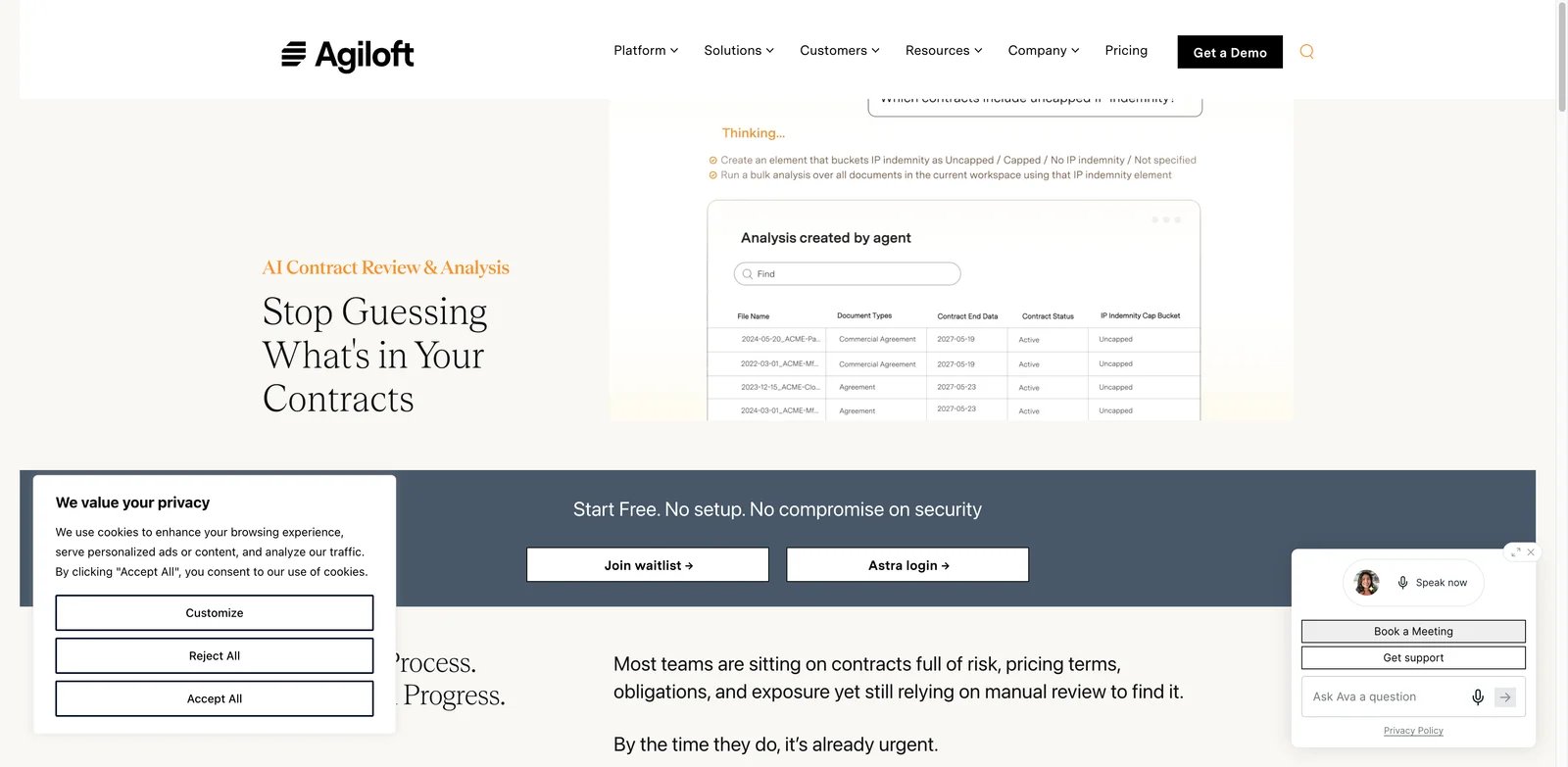 Agiloft Astra interface showing AI contract review analysis
