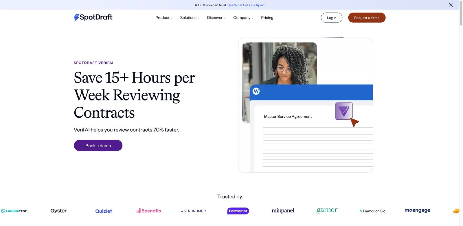 SpotDraft VerifAI interface showing AI contract review with Word add-in
