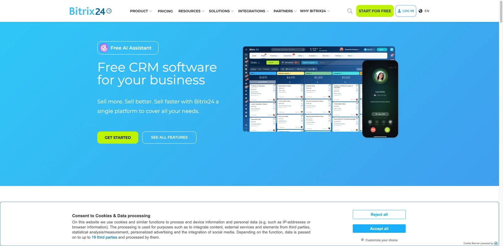 Bitrix24 interface showing budget CRM and collaboration suite