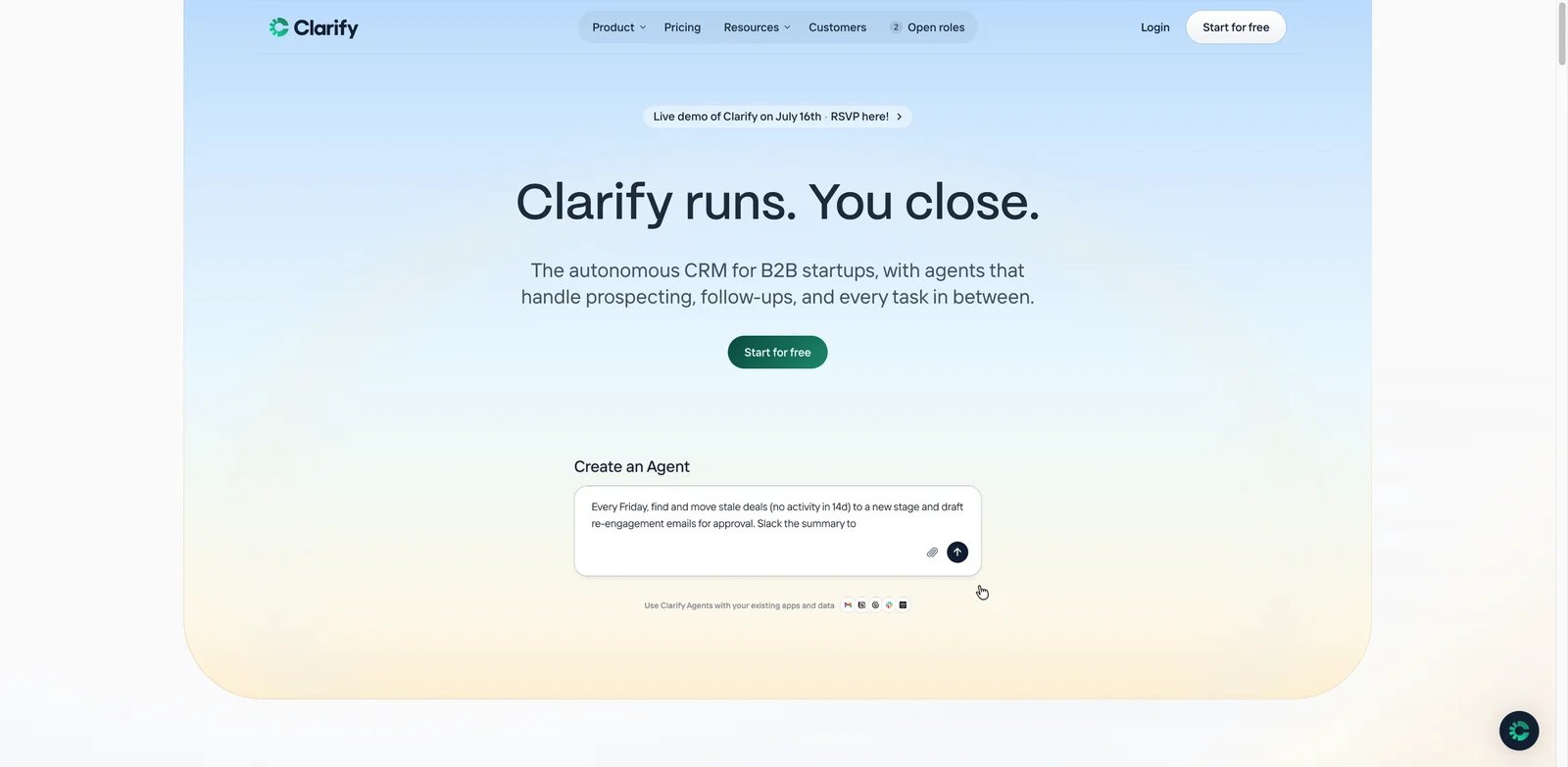 Clarify interface showing autonomous AI CRM workspace