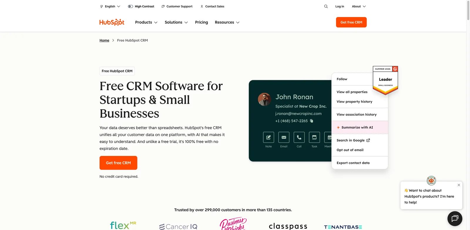 HubSpot Smart CRM interface showing AI-assisted customer records