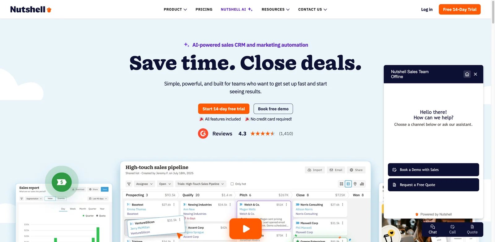 Nutshell interface showing practical AI CRM for SMB sales