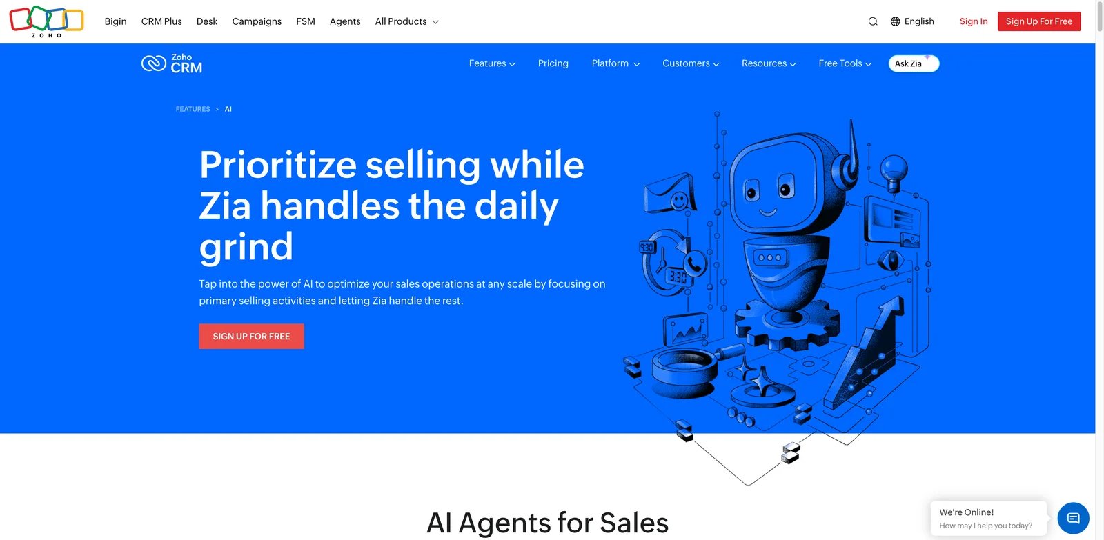 Zoho CRM interface showing Zia AI sales insights