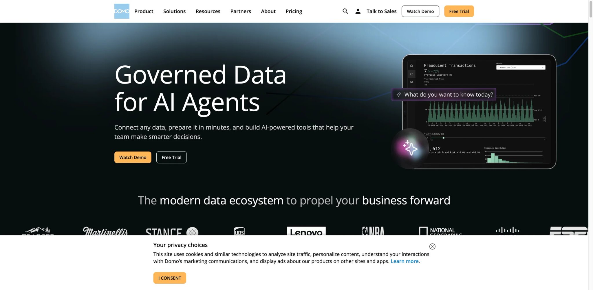 Domo interface showing full-stack cloud BI platform