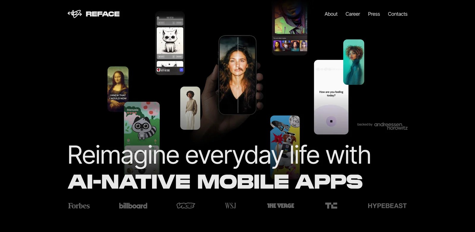 Reface interface showing mobile face swap effects