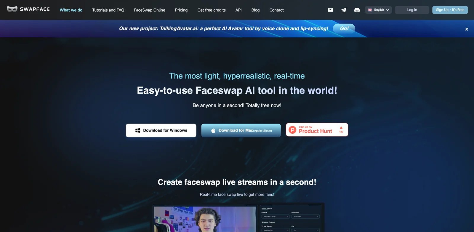 Swapface interface showing real-time face swap setup