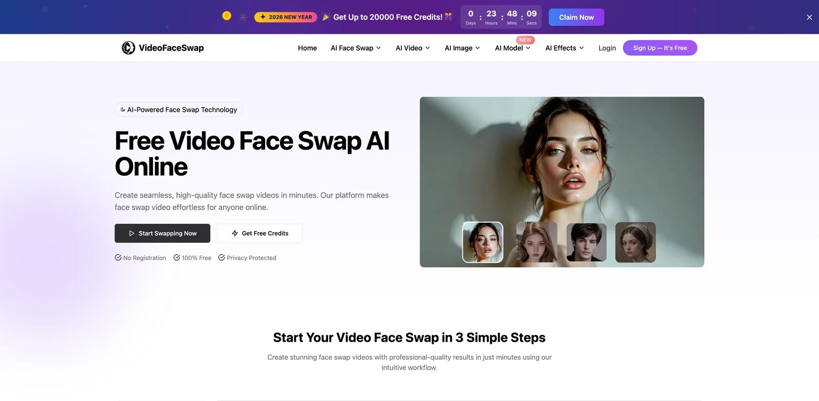 Video Face Swap interface showing credit-based workflow