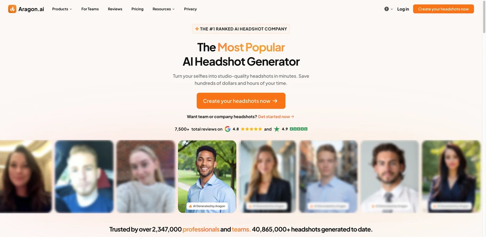 Aragon interface showing AI headshot generation with multiple style options