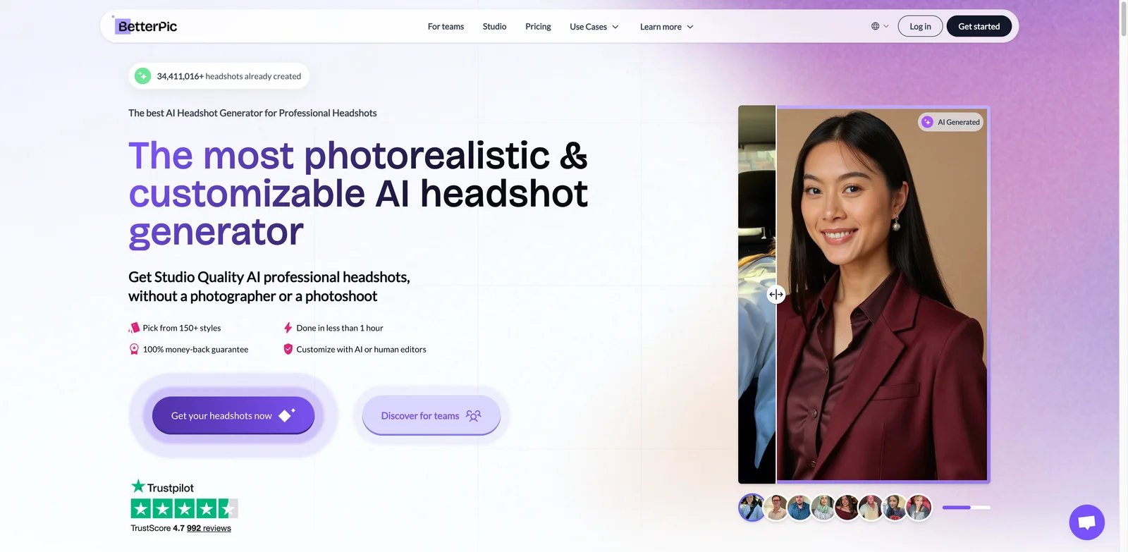 BetterPic interface showing 150+ customizable AI headshot styles
