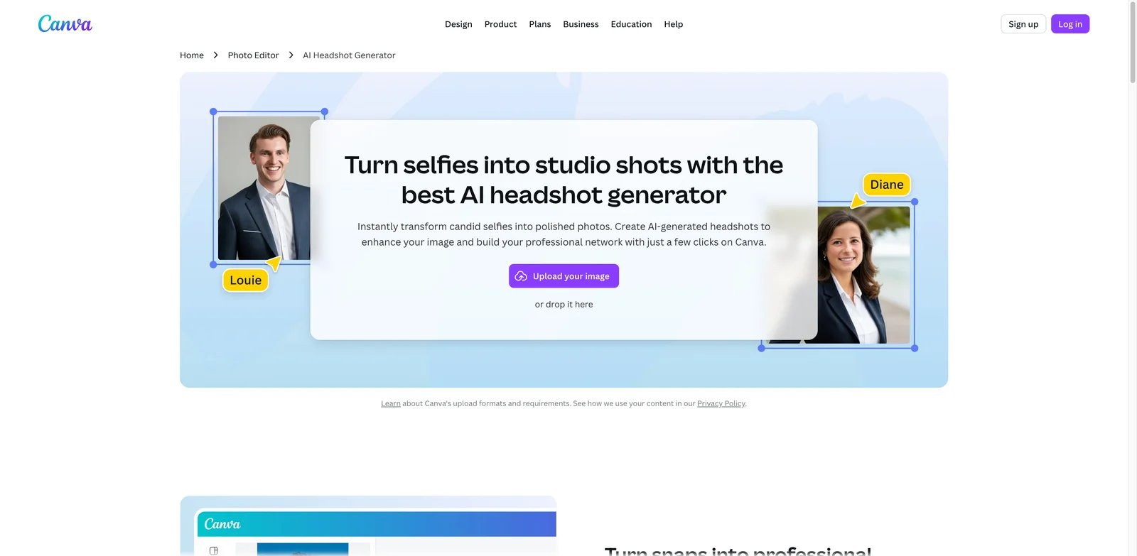 Canva AI Headshot Maker interface showing professional avatar generation