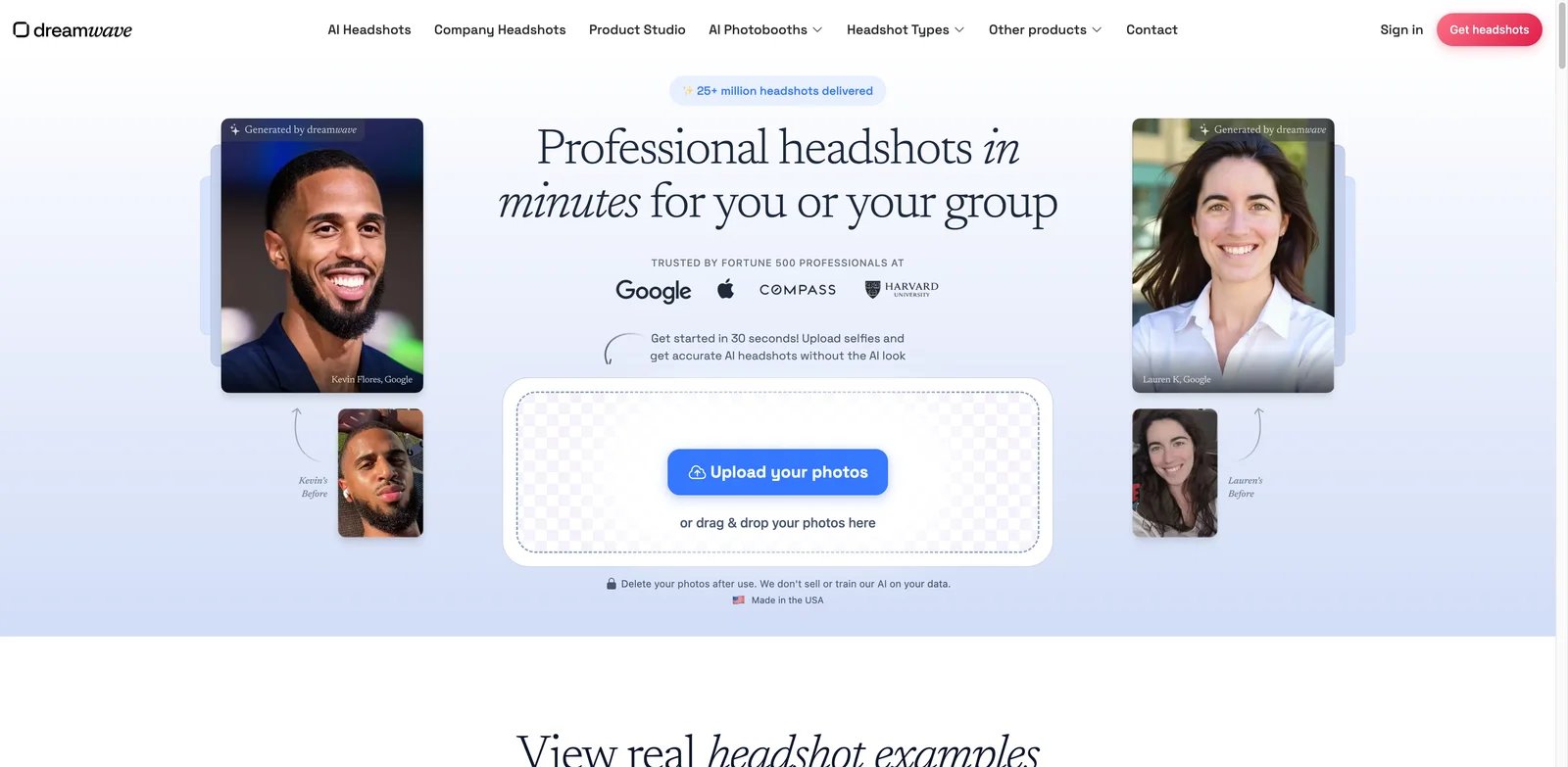 Dreamwave interface showing AI headshot generation with outfit and backdrop options