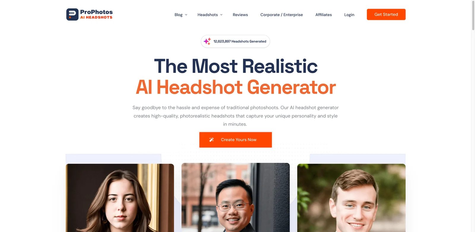 ProPhotos AI interface showing realistic AI headshot generation options