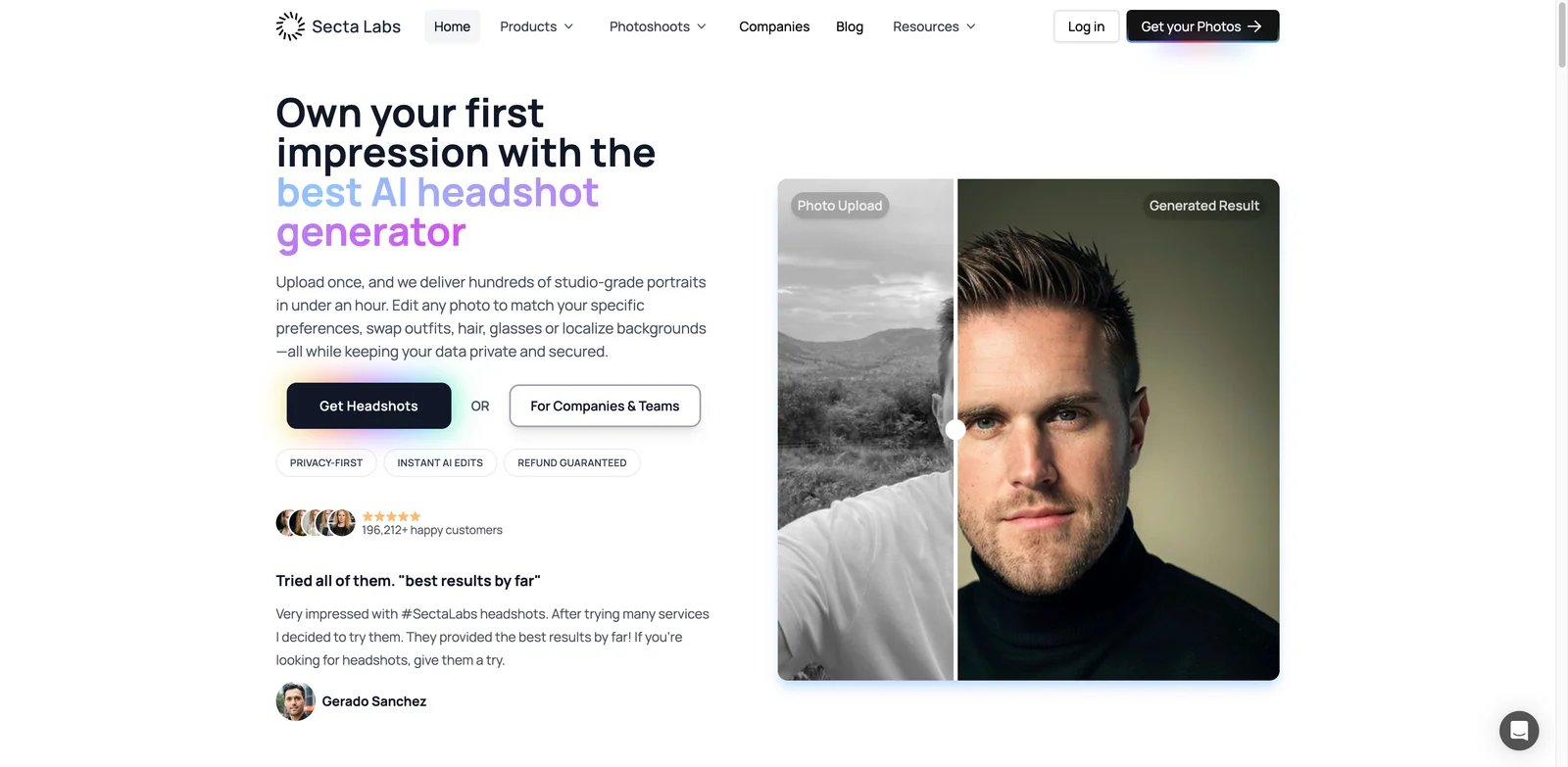 Secta Labs interface showing AI headshot generation with 90+ professional styles