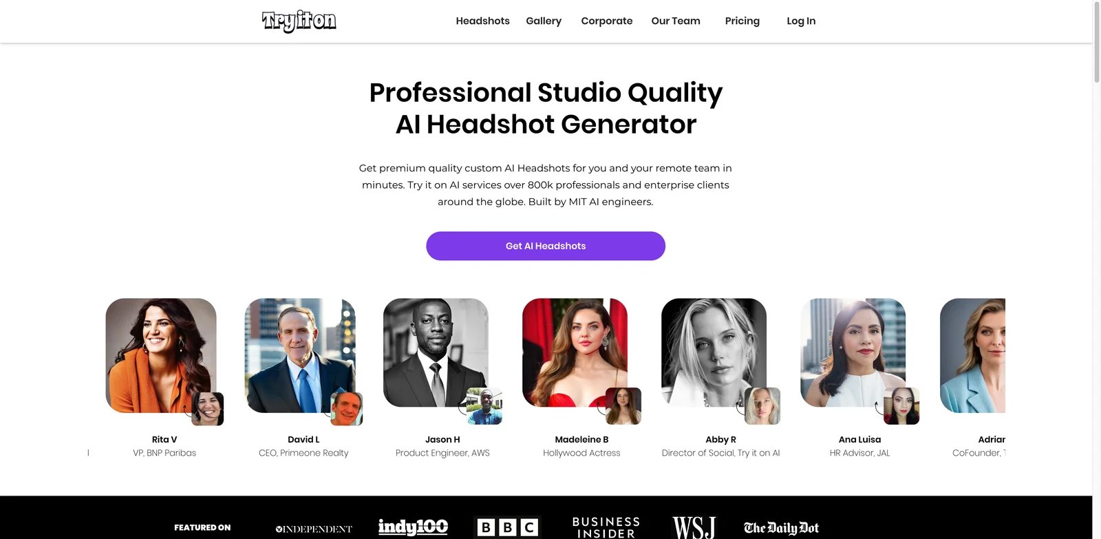 Try it on AI interface showing AI headshot generation and editing tools