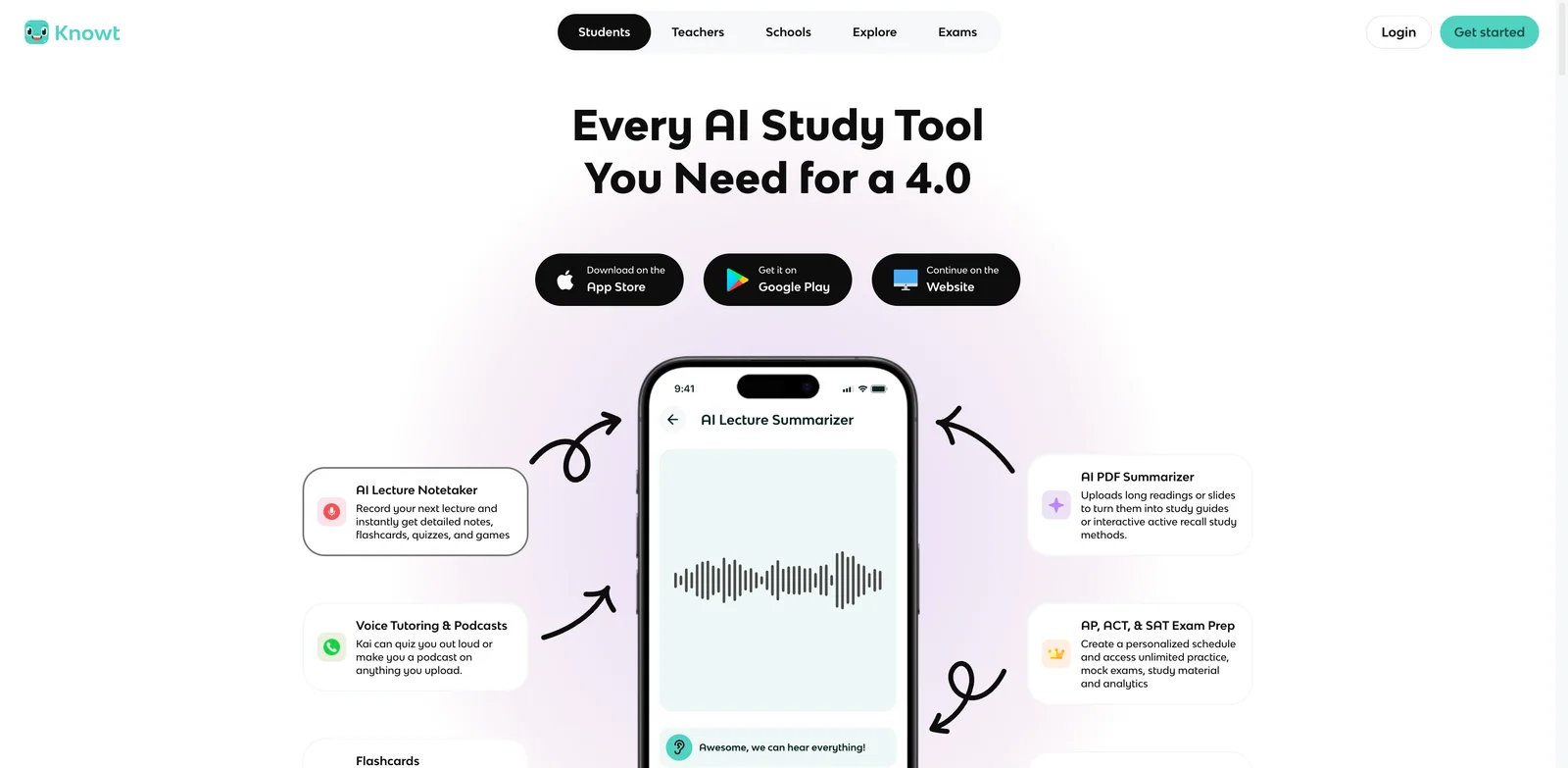 Knowt interface showing AI flashcards and homework practice