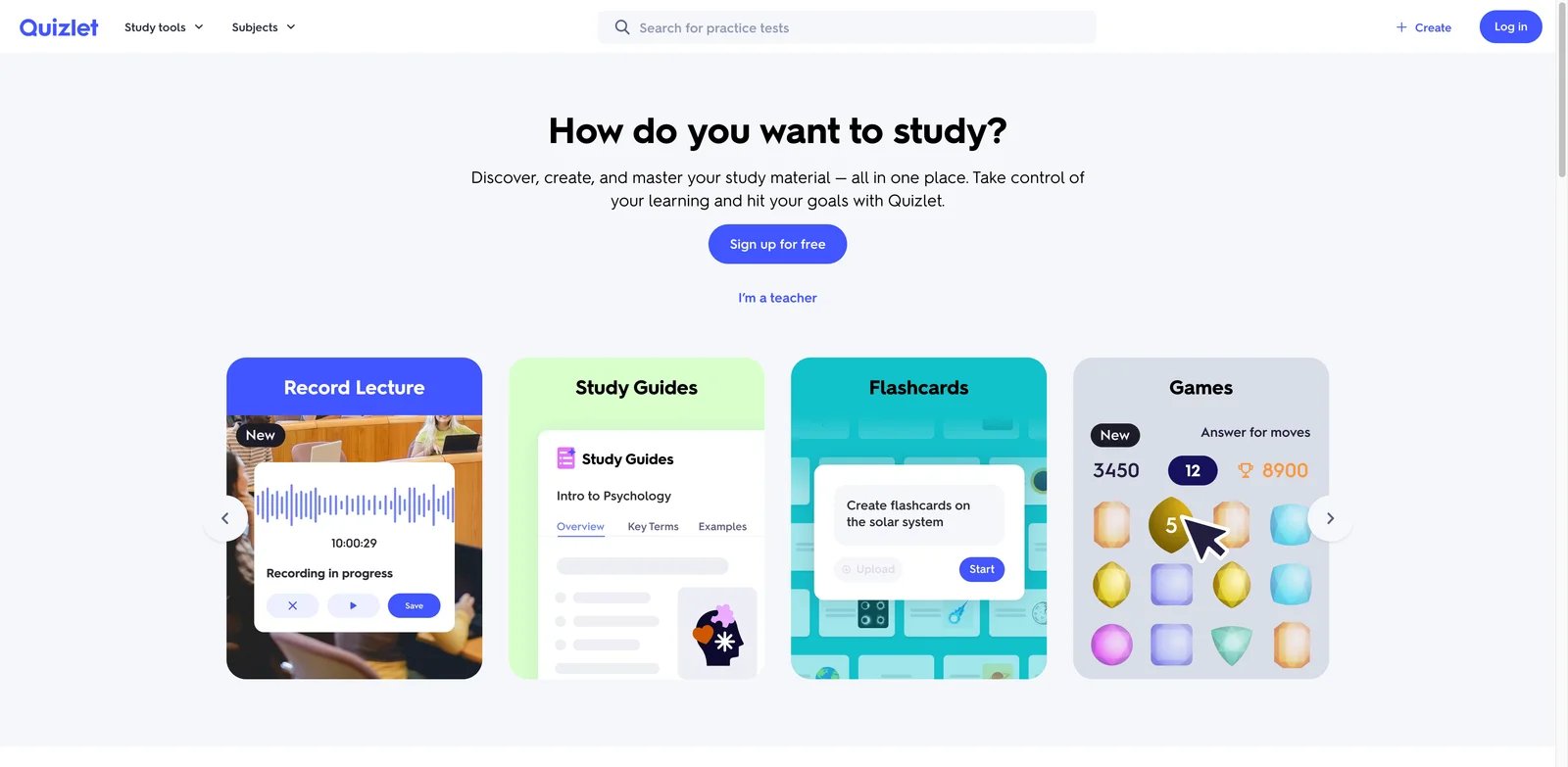 Quizlet interface showing homework practice tests and study sets