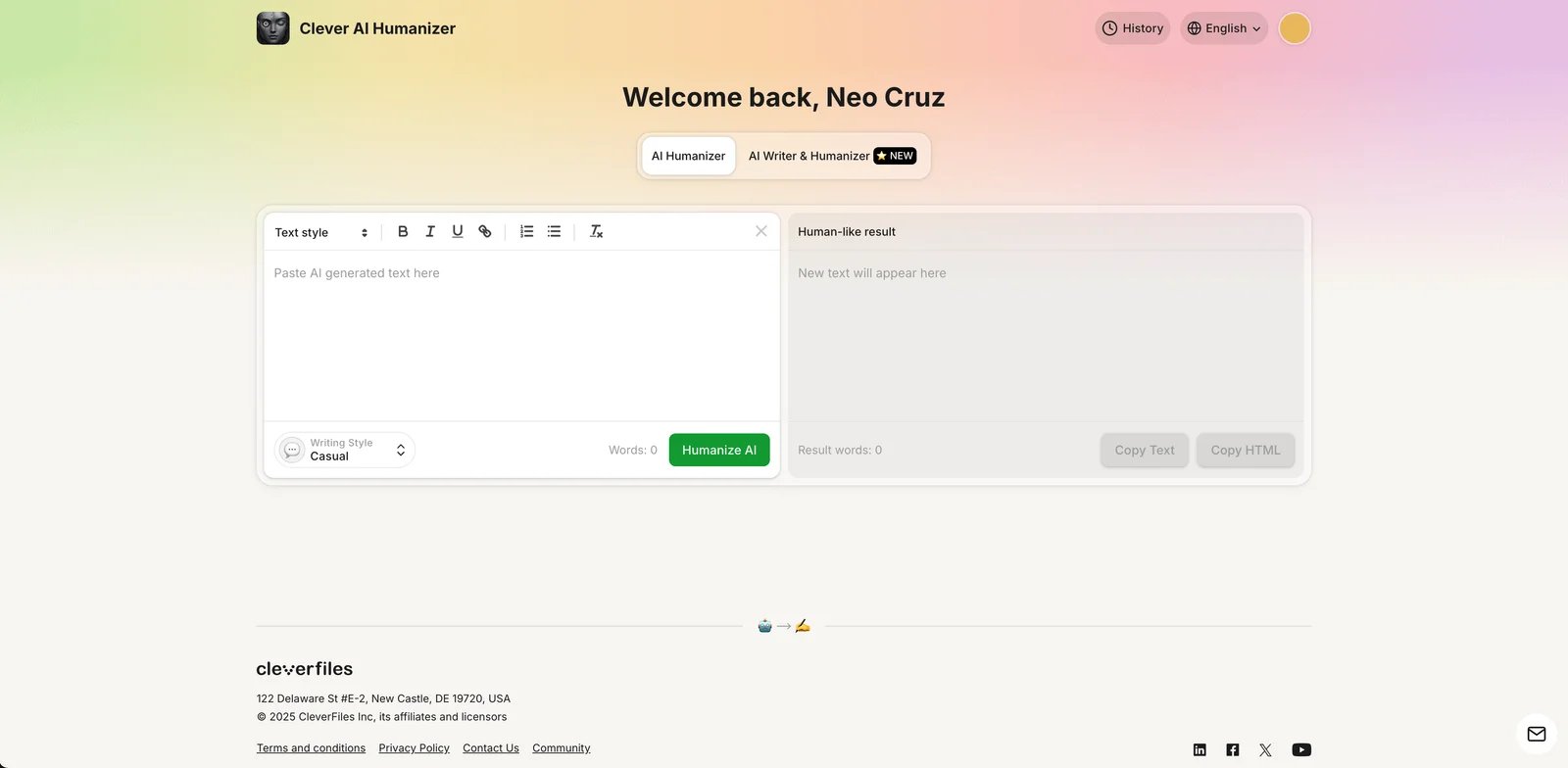 Clever AI Humanizer interface showing free unlimited features