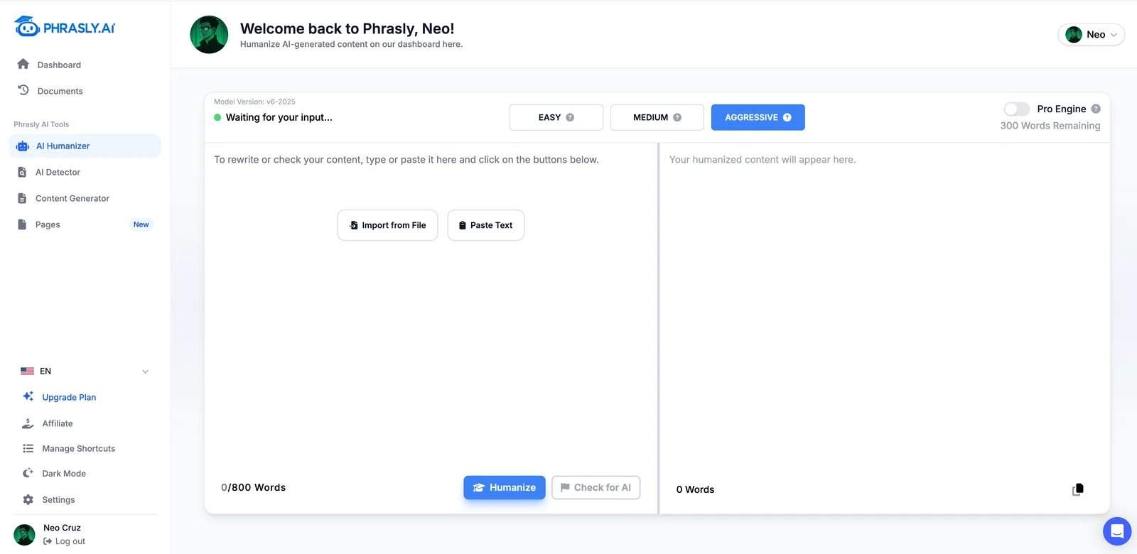 Phrasly AI interface showing AI humanizer