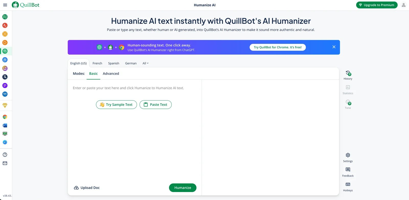 QuillBot AI Humanizer interface showing text humanization workflow