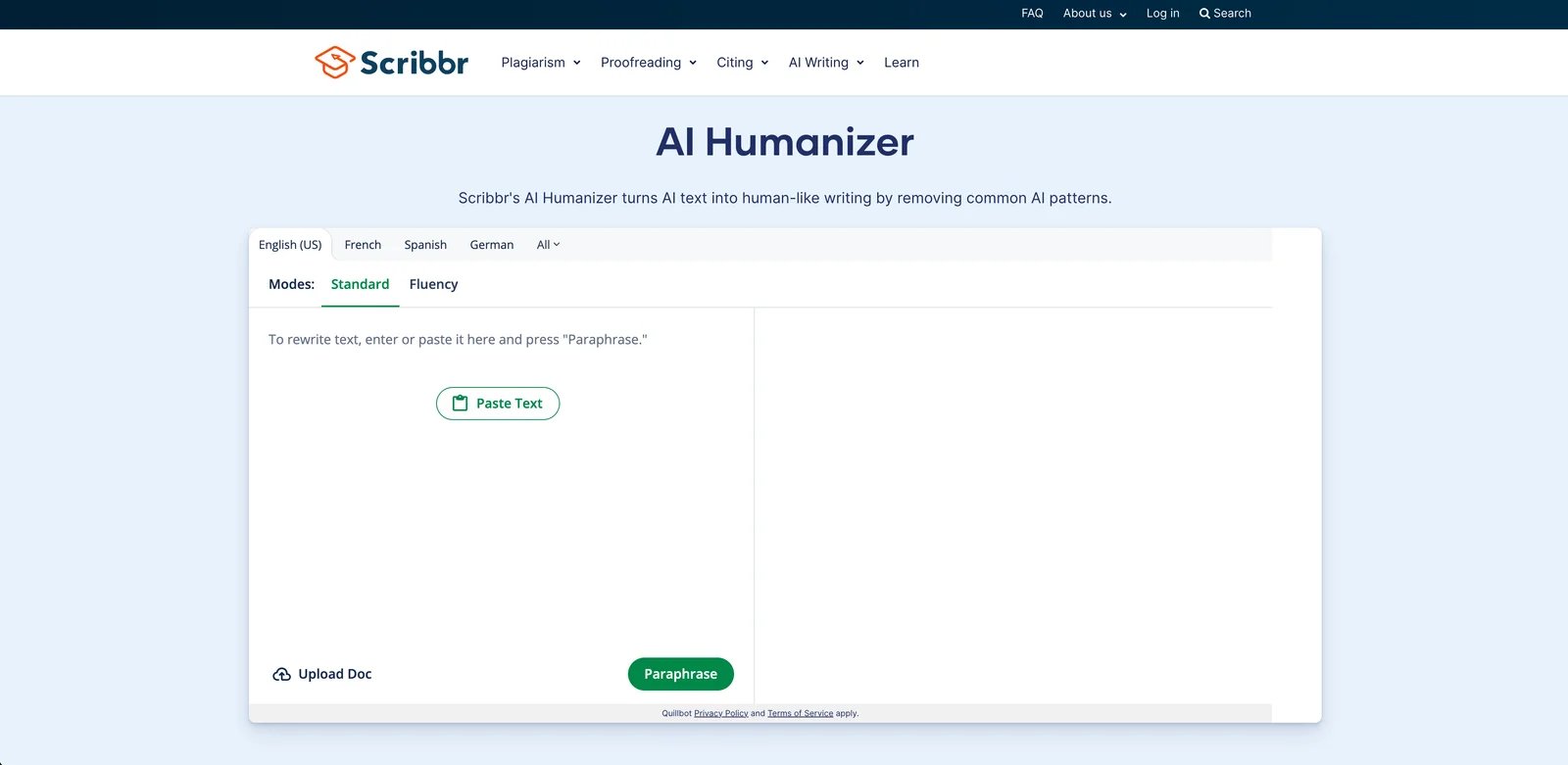 Scribbr AI Humanizer interface showing academic writing enhancement