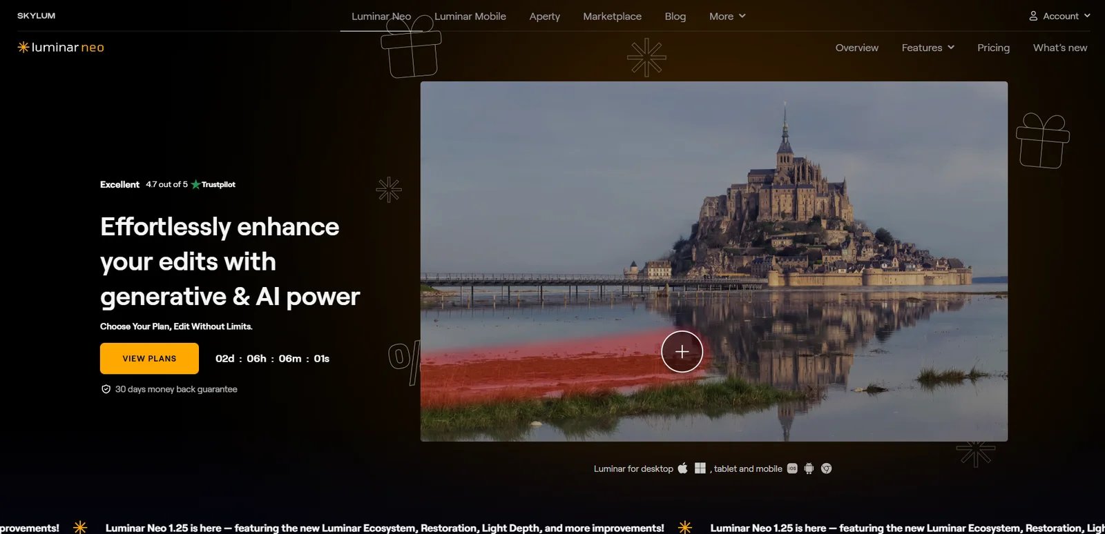 Luminar Neo interface showing AI photo editing tools and enhancements