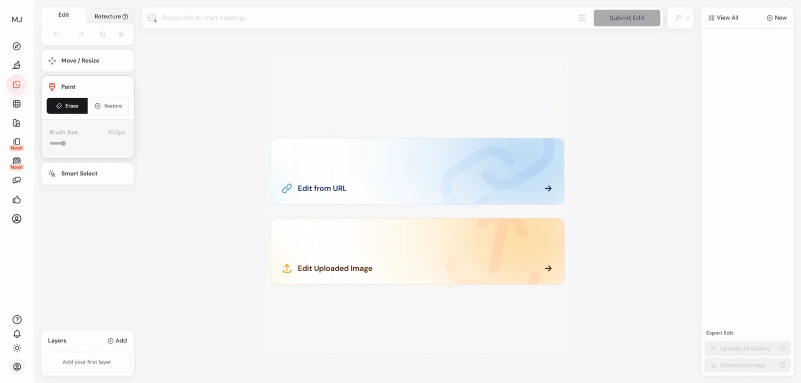 Midjourney Editor interface showing multi-tool editing suite with inpainting, outpainting, and layer compositing